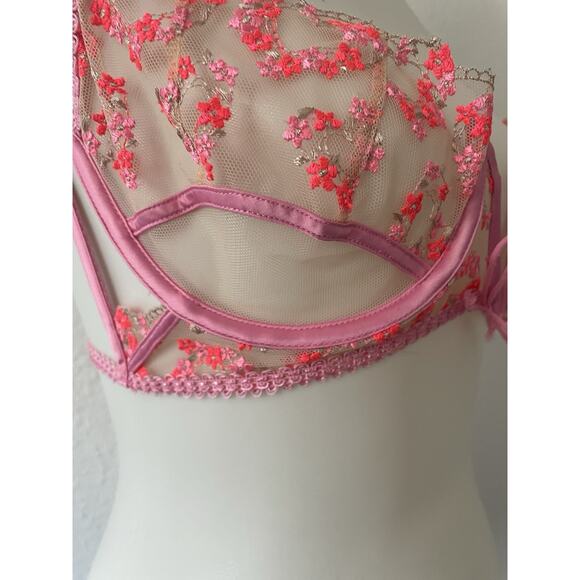 For Love & Lemons Bra Lingerie Floral Bouquet Plunge Sheer Pink - Picture 4 of 12